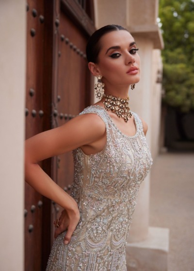 Royal Pakistani Bridal Elegant Silver Gown - Image 4