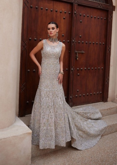 Royal Pakistani Bridal Elegant Silver Gown