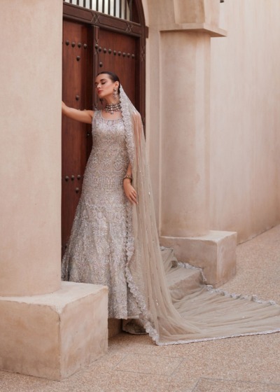 Royal Pakistani Bridal Elegant Silver Gown - Image 8