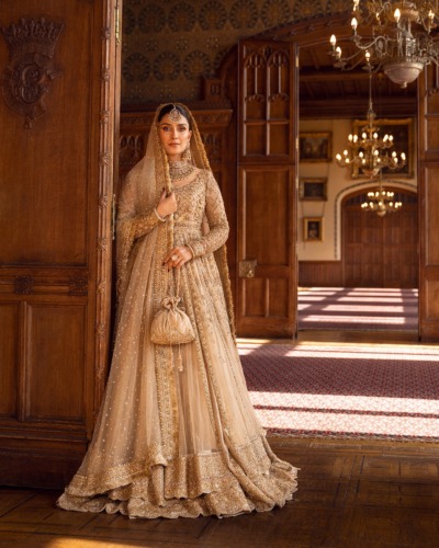 Traditional Gold Bridal Pishwas with Elegant Lehenga