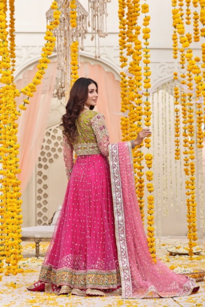 Traditional Mehndi Dress in Pishwas Frock Lehenga - Image 2