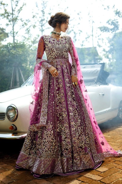 Traditional Pakistani Net Wedding Magenta Pishwas - Image 2