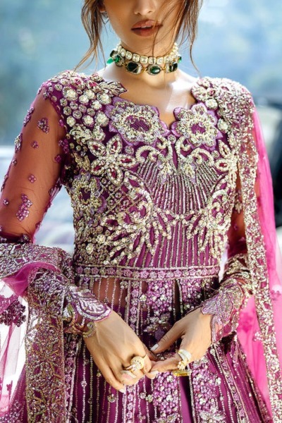 Traditional Pakistani Net Wedding Magenta Pishwas - Image 6