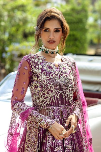 Traditional Pakistani Net Wedding Magenta Pishwas - Image 3