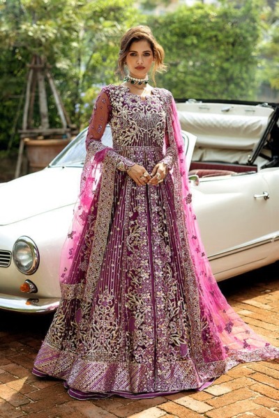 Traditional Pakistani Net Wedding Magenta Pishwas