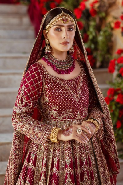 Traditional Red Bridal Lehenga and Flared Frock - Image 6