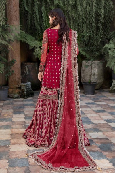 Traditional Red Pakistani Wedding Kameez and Gharara Outfit - Image 2