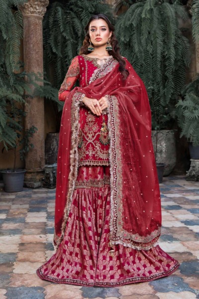 Traditional Red Pakistani Wedding Kameez and Gharara Outfit