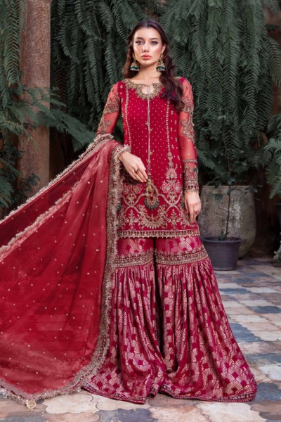 Traditional Red Pakistani Wedding Kameez and Gharara Outfit - Image 6