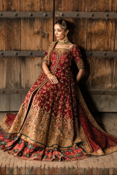 Luxurious Pakistani Bridal Lehenga with Embroidered Open Frock