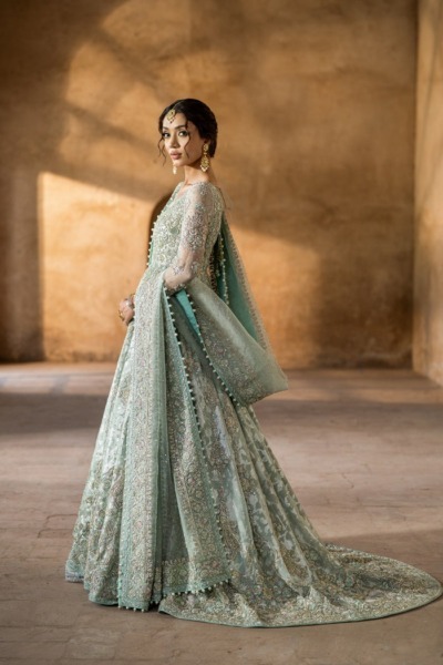 Pakistani Bridal Aqua Blue Frock Lehenga Dress - Image 2