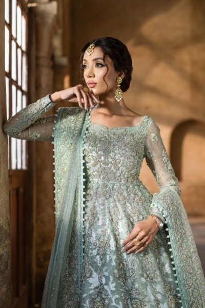 Pakistani Bridal Aqua Blue Frock Lehenga Dress - Image 3