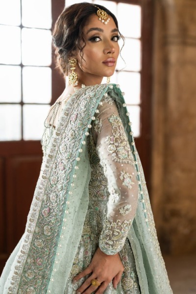 Pakistani Bridal Aqua Blue Frock Lehenga Dress - Image 4