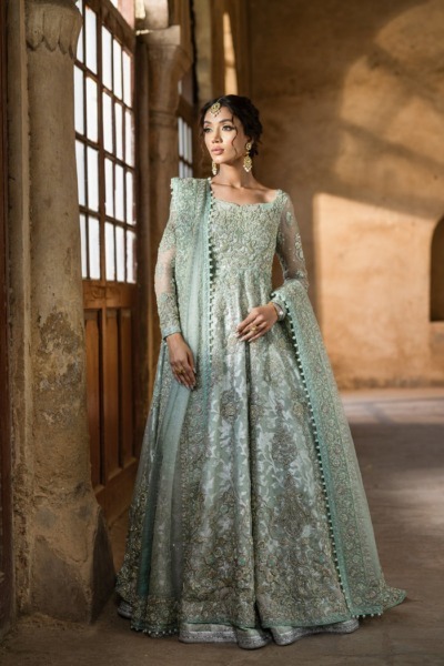 Pakistani Bridal Aqua Blue Frock Lehenga Dress