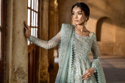 Pakistani Bridal Aqua Blue Frock Lehenga Dress - Image 5