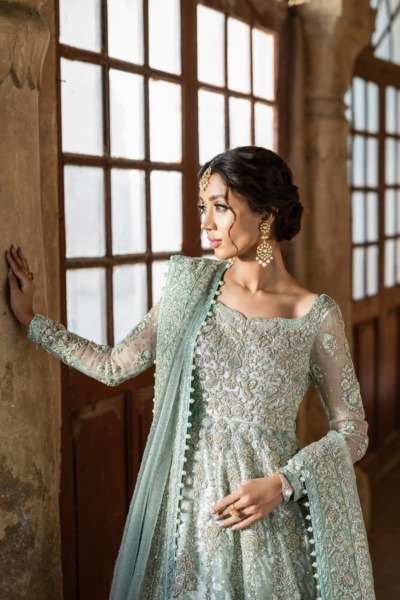 Pakistani Bridal Aqua Blue Frock Lehenga Dress - Image 6