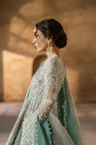 Pakistani Bridal Aqua Blue Frock Lehenga Dress - Image 7