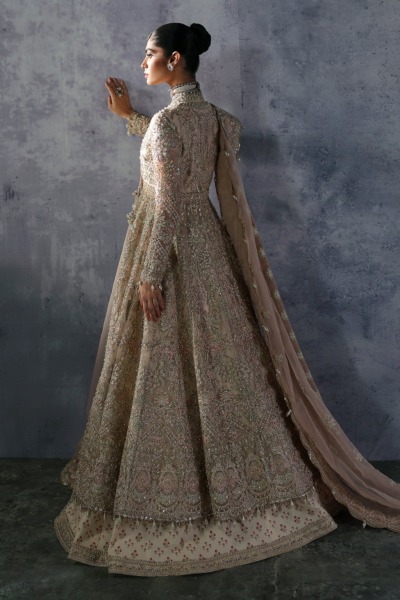 Pakistani Bridal Peach Pink Angrakha Gown with Lehenga - Image 2