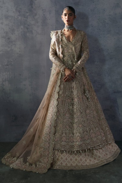 Pakistani Bridal Peach Pink Angrakha Gown with Lehenga