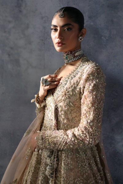 Pakistani Bridal Peach Pink Angrakha Gown with Lehenga - Image 7