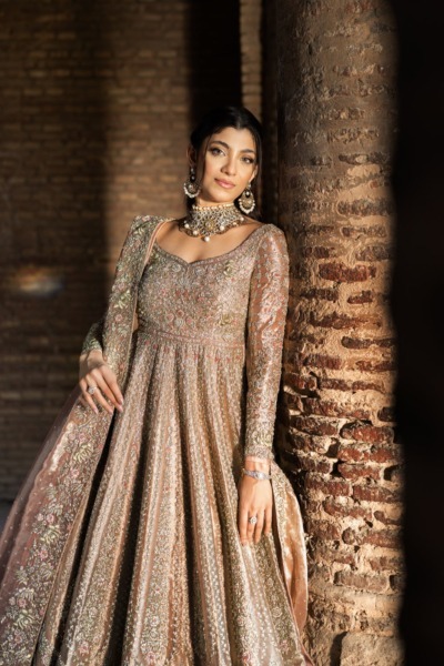 Pakistani Bridal Pishwas Peachy Gold Frock Lehenga - Image 2