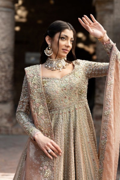 Pakistani Bridal Pishwas Peachy Gold Frock Lehenga - Image 3