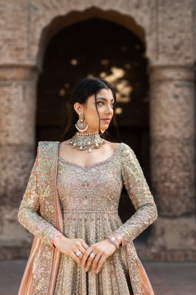 Pakistani Bridal Pishwas Peachy Gold Frock Lehenga - Image 4