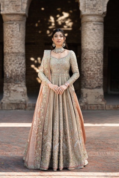 Pakistani Bridal Pishwas Peachy Gold Frock Lehenga