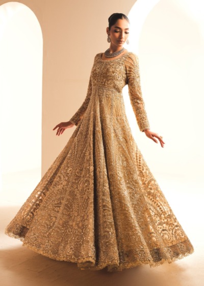 Pakistani Bridal Wear in Gold Tissue Gown Lehenga Style - Image 3