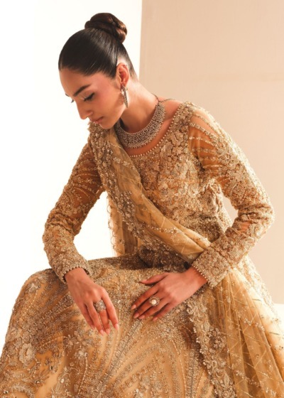 Pakistani Bridal Wear in Gold Tissue Gown Lehenga Style - Image 4