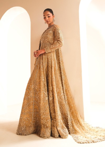 Pakistani Bridal Wear in Gold Tissue Gown Lehenga Style - Image 7