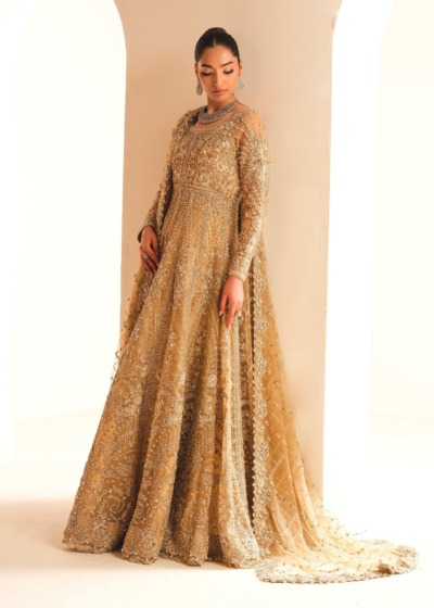 Pakistani Bridal Wear in Gold Tissue Gown Lehenga Style - Image 8