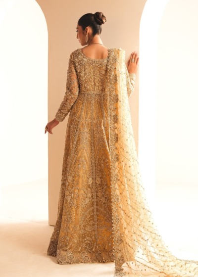 Pakistani Bridal Wear in Gold Tissue Gown Lehenga Style - Image 9