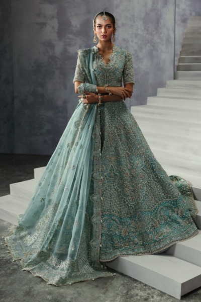 Stylish Turquoise Choli and Lehenga Pakistani Bridal Wear