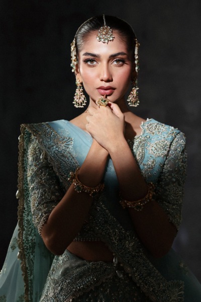 Stylish Turquoise Choli and Lehenga Pakistani Bridal Wear - Image 5