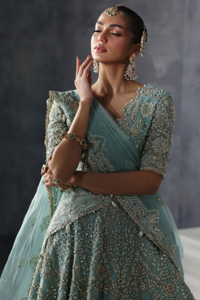 Stylish Turquoise Choli and Lehenga Pakistani Bridal Wear - Image 7