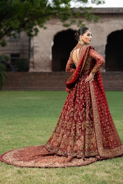 Traditional Pakistani Bridal Maroon Pishwas with Lehenga