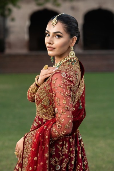 Traditional Pakistani Bridal Maroon Pishwas with Lehenga