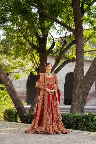 Traditional Red Bridal Open Kameez and Lehenga Outfit - Image 4