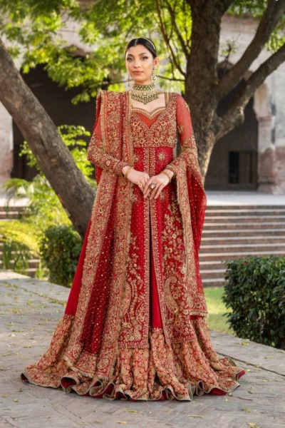 Traditional Red Bridal Open Kameez and Lehenga Outfit