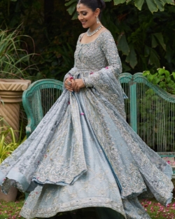 Bridal Ice Blue Lehenga with Open Long Shirt