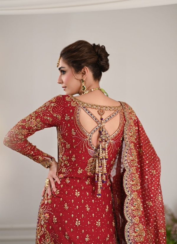 Pakistani Bridal Scarlett Red Shirt Lehenga Wedding Outfit - Image 4