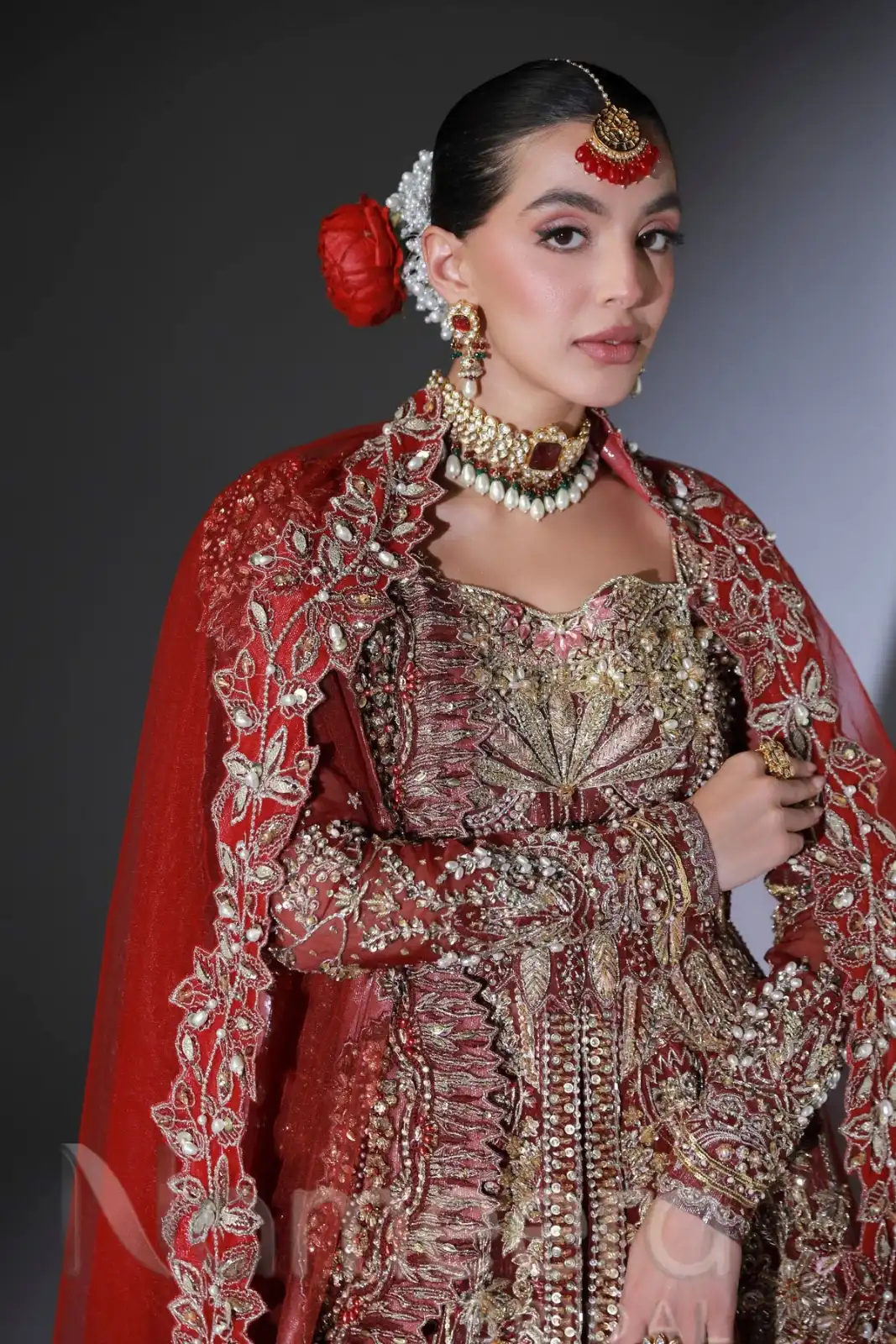 Pakistani Bridal Wear Scarlet Red Open Gown with Lehenga
