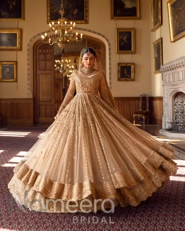 Traditional Gold Bridal Pishwas with Elegant Lehenga