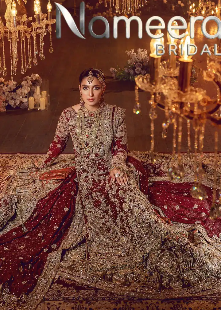 Pakistani Deep Red Long Kameez Lehenga
