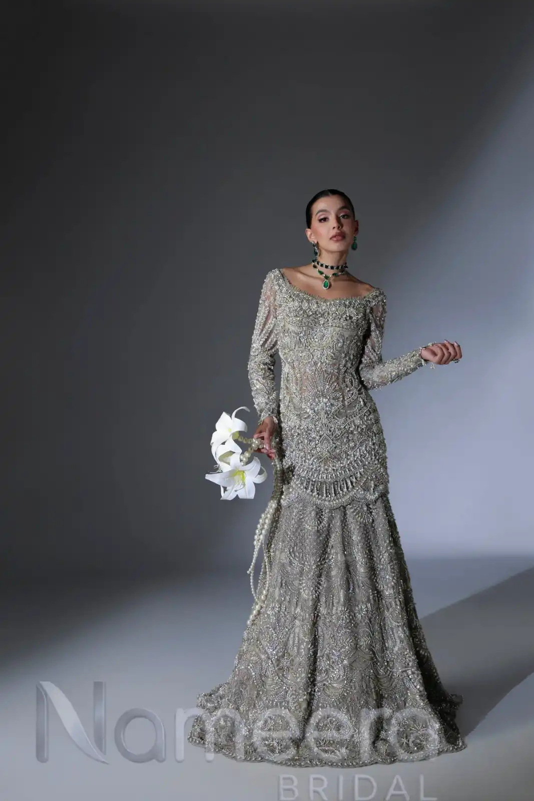 Pakistani Bridal Wear Shirt Lehenga in Grey Net