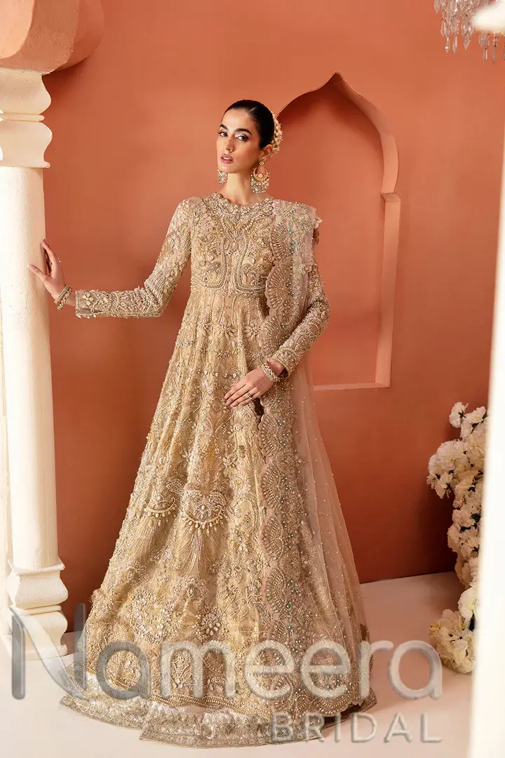 Pakistani Bridal Embellished Gold Pearl Gown