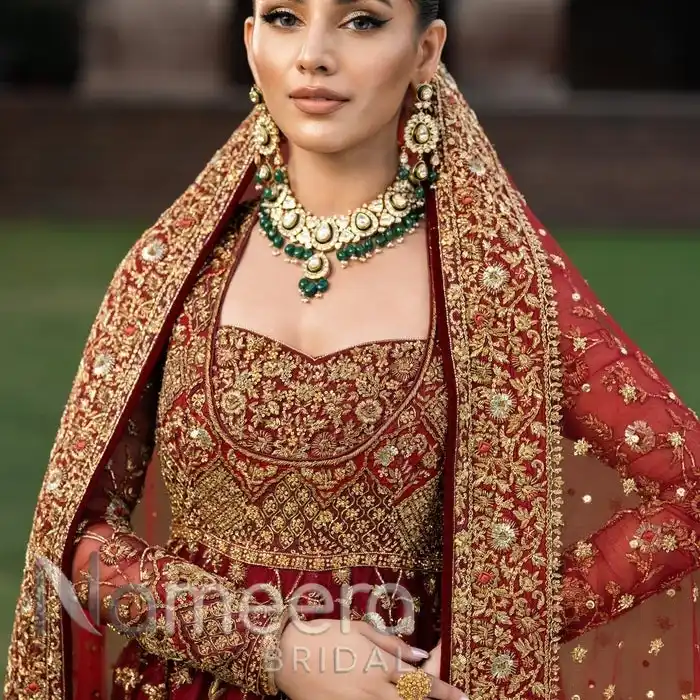 Traditional Pakistani Bridal Maroon Pishwas with Lehenga