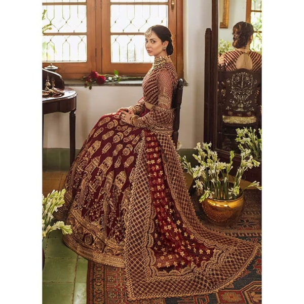 Embroidered Maroon Bridal Net Maxi With Dupatta - Image 2