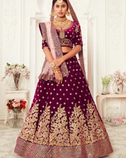 Plum Purple Velvet Embroidered Lehenga